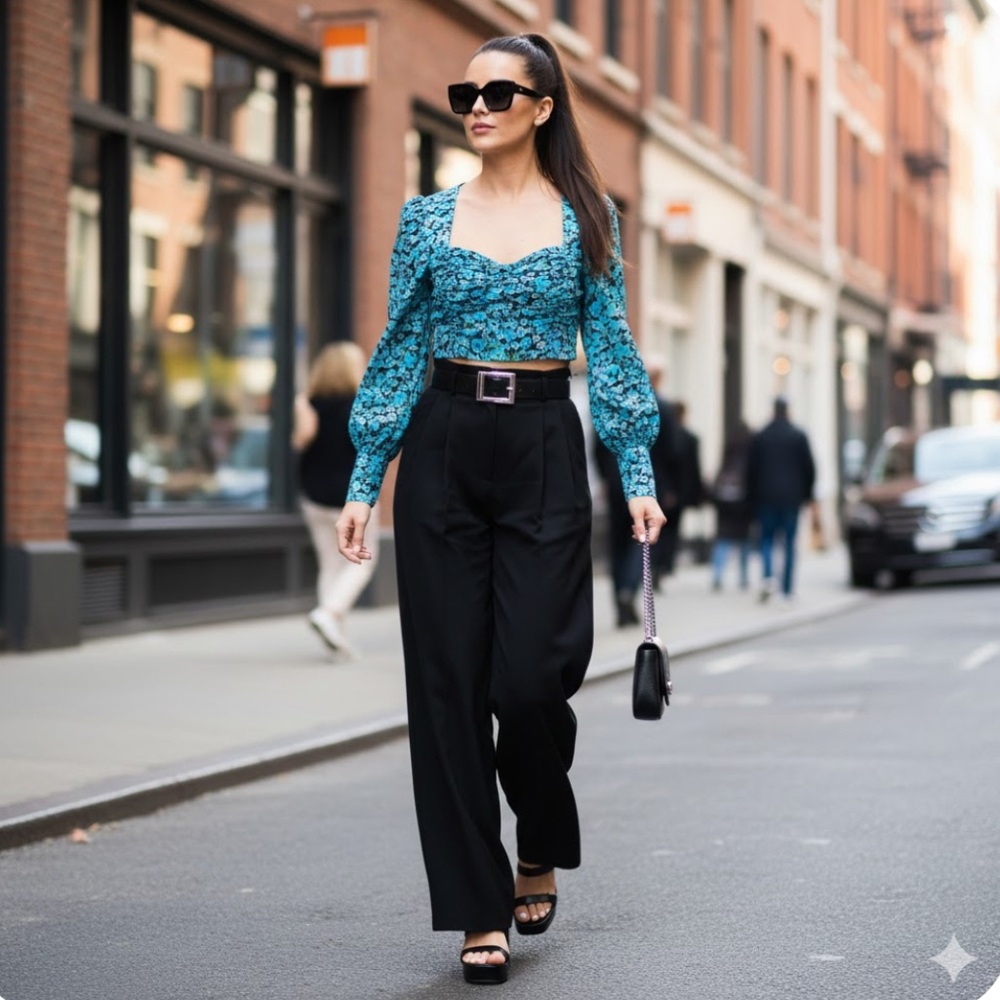 Bershka Blue Puff Sleeve Crop Top